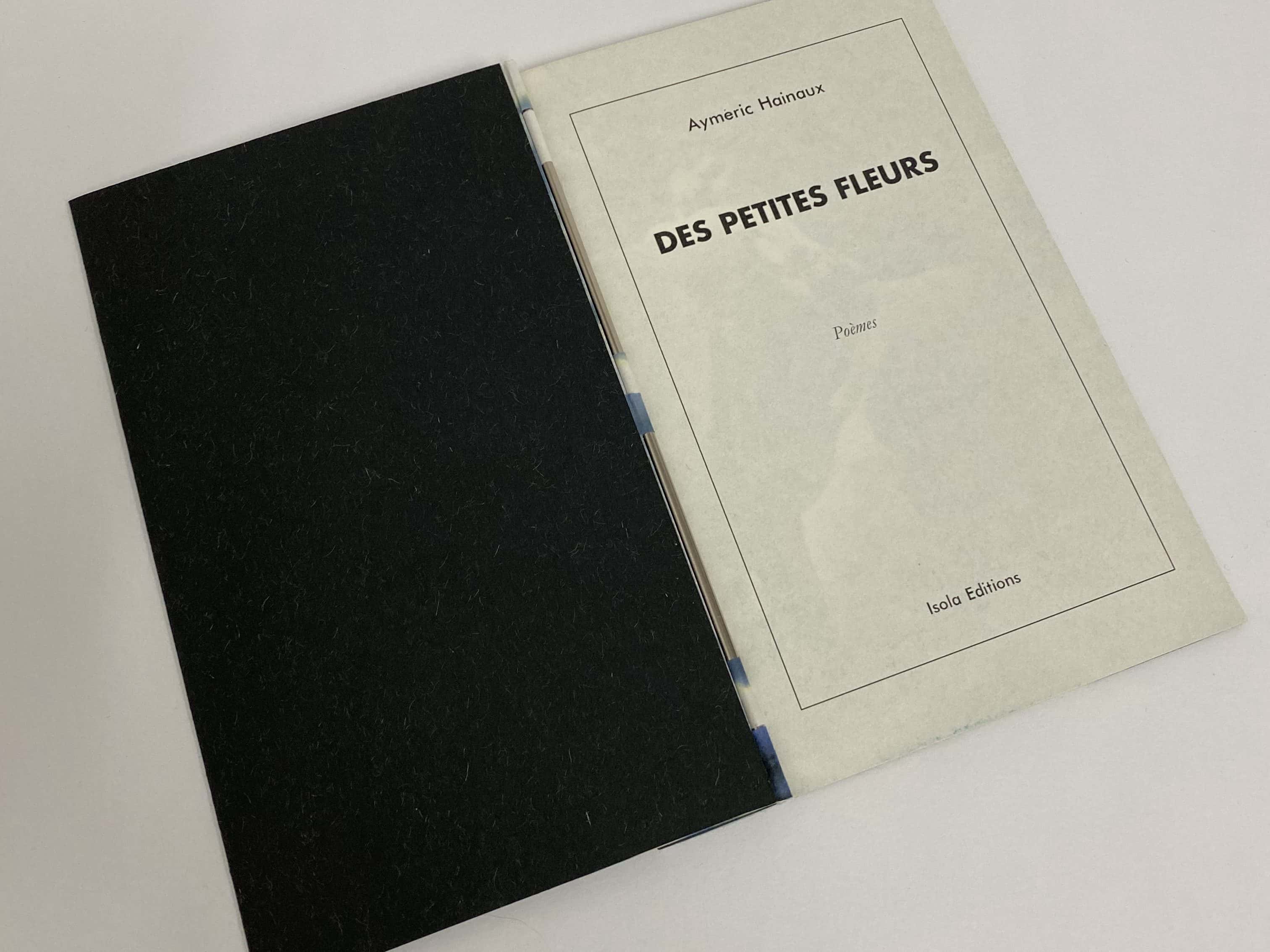 Reliure ouverte, vue sur le contre plat et la première de couverture du livre. Image permettant de comprendre le montage de ces deux éléments sur une tige.