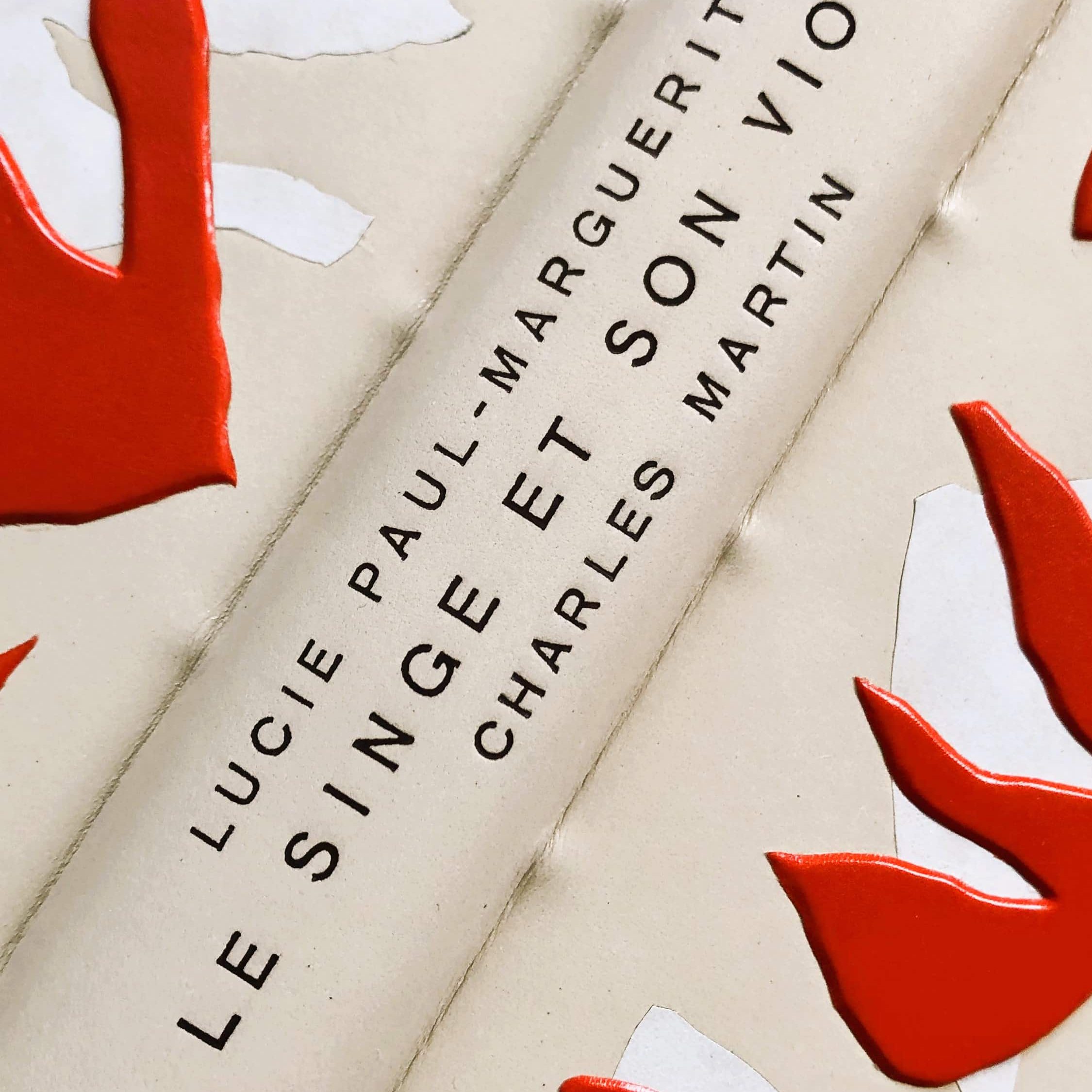 Vue sur le titrage du livre marqué à chaud en film noir sur le dos de la reliure