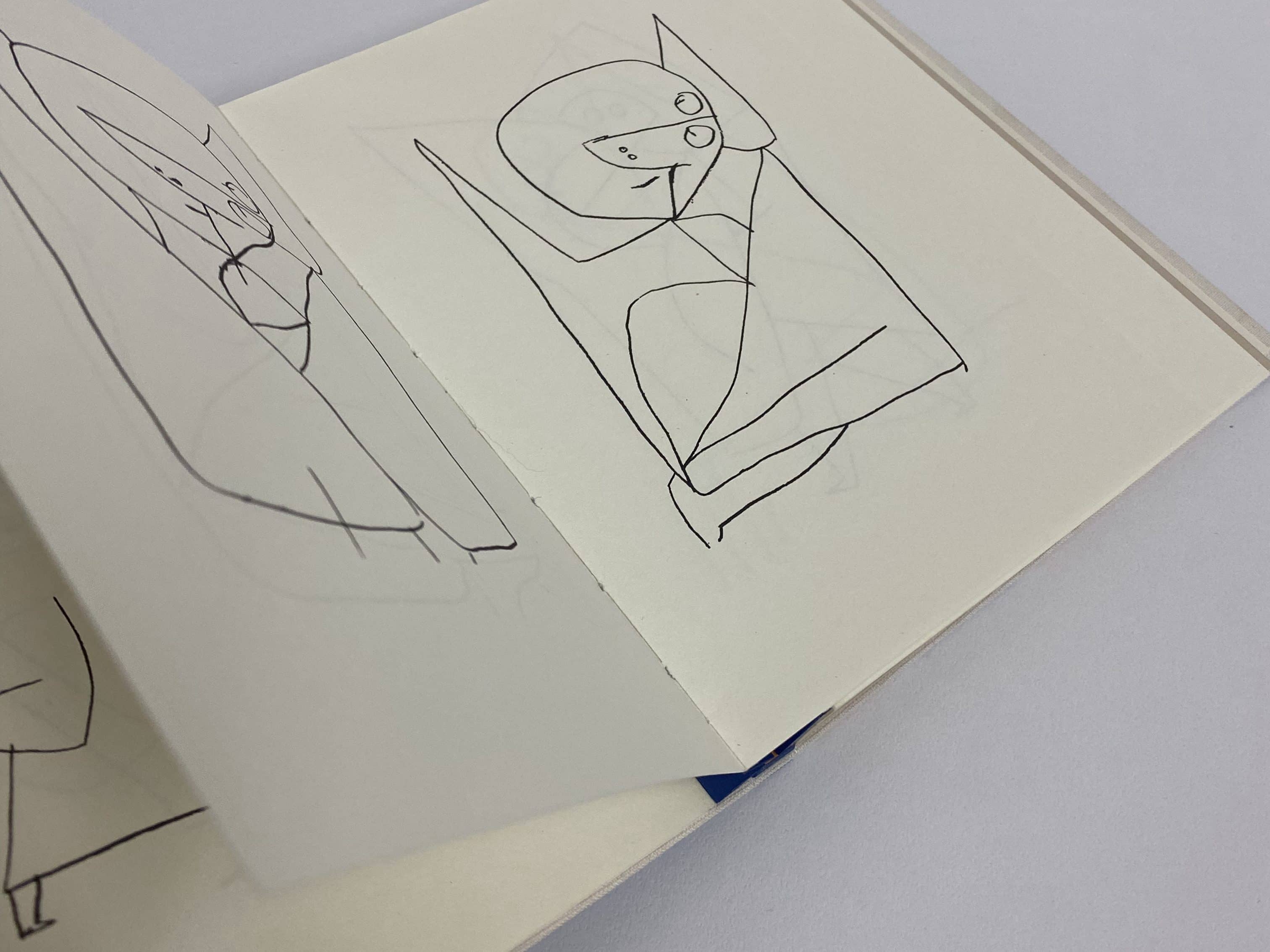 Vue sur une page ouverte de la reliure, laissant apparaitre deux illustrations à la ligne claire en noir sur fond blanc représentant des êtres vivants, dessinés par Paul Klee