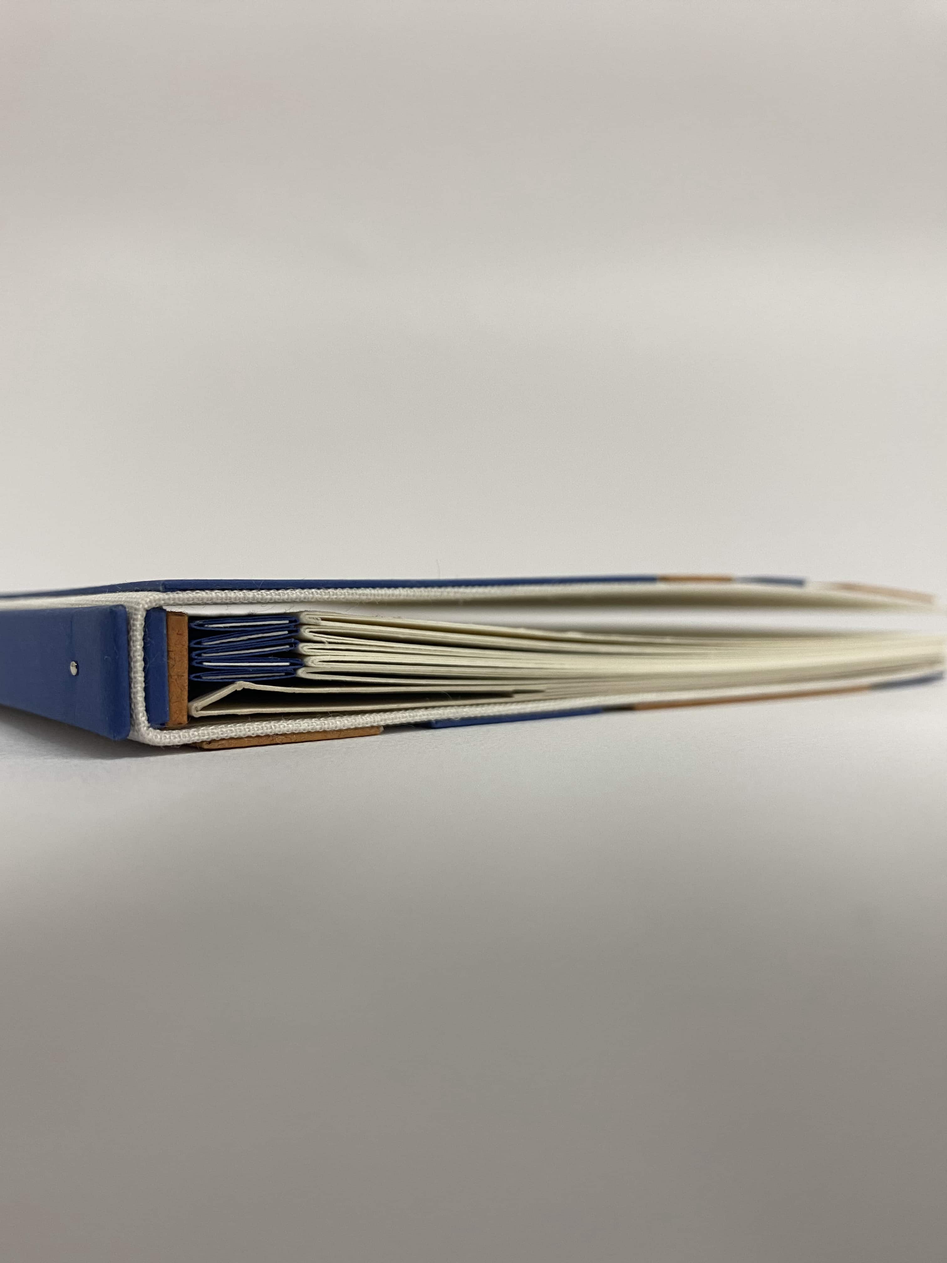 Vue sur la coiffe de queue de la reliure, mise en évidence des détails du dos, de la tranchefile et du bloc onglets.