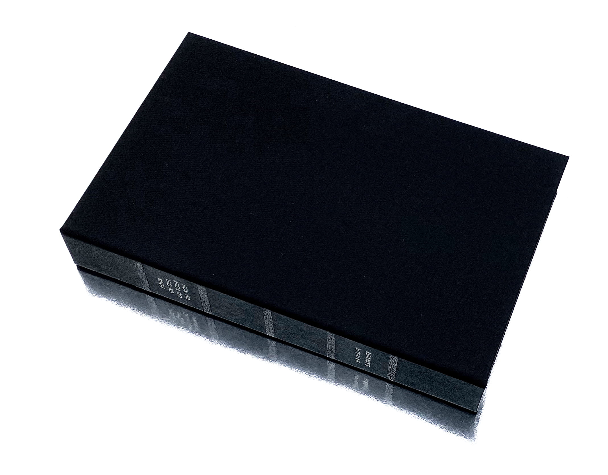 Vue sur la boite à chasse posée sur un support réfléchissant permettant de mettre en lumière le dos de la boite et ses détails de titrage