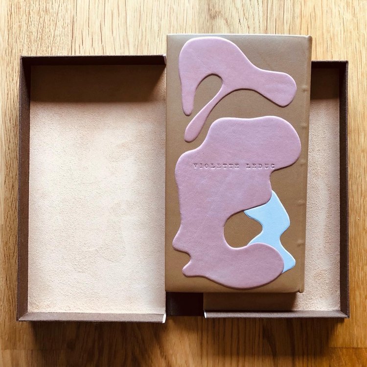 Vue sur le plat arrière de la reliure, posée dans sa boite à chasses