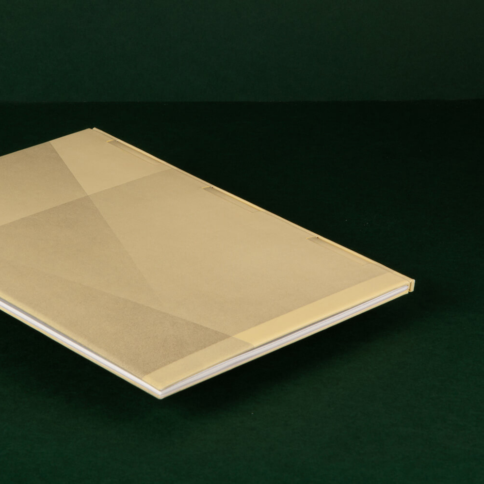 vue plat arrière de la reliure et ses rubans de cuirs visibles