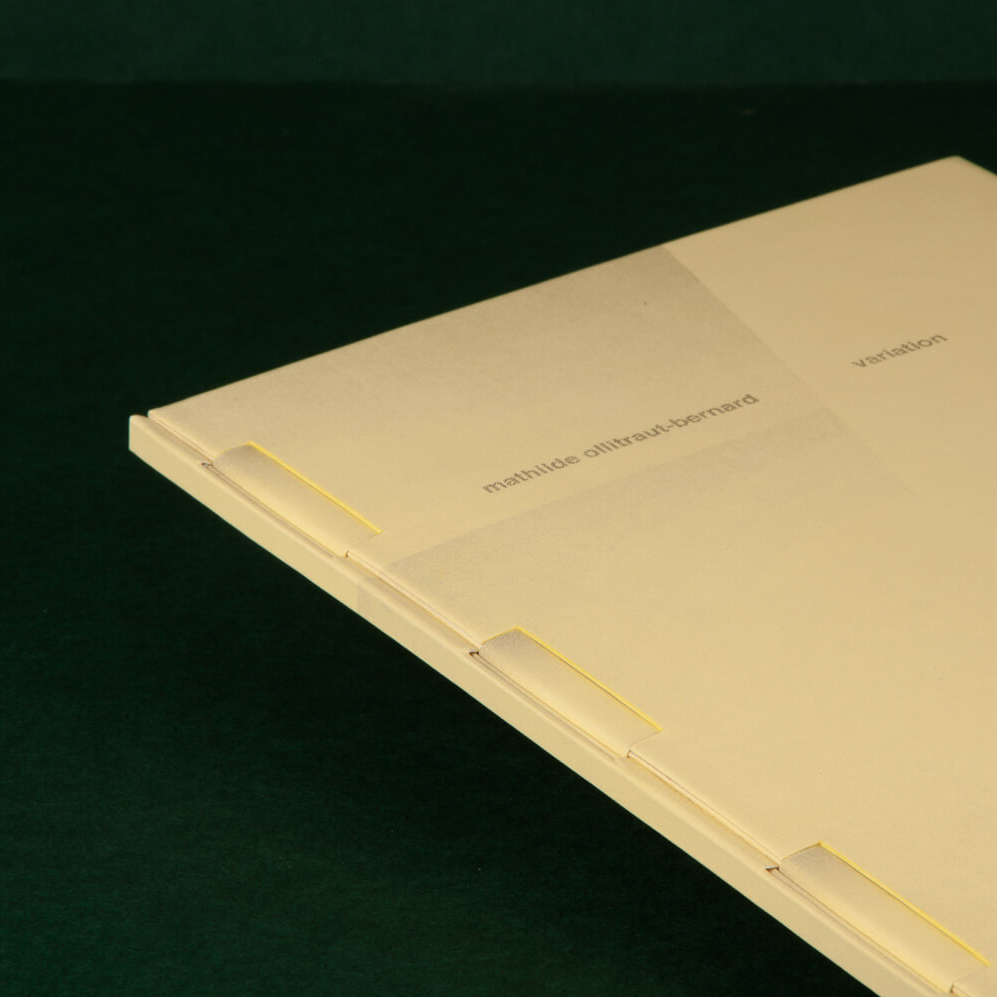 Vue sur une partie du plat avant de la reliure laissant entrevoir les chants peints du cuir aux emplacements de jonction des rubans avec les plans.